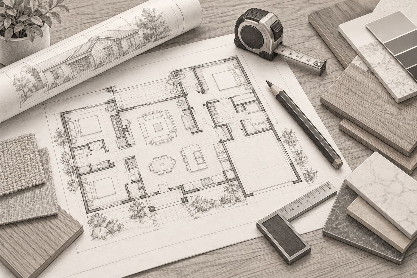 Floor plans, material samples and a tape measure laid out for planning